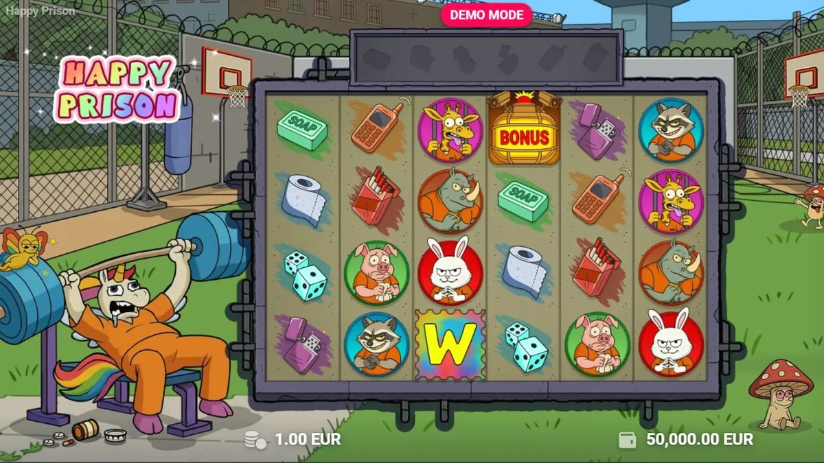 Tampilan visual slot Happy Prison dengan karakter kartun dan elemen penjara.