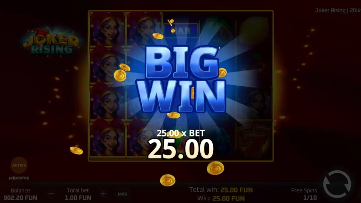 Tampilan visual slot Joker Rising dengan simbol buah neon dan latar belakang retro
